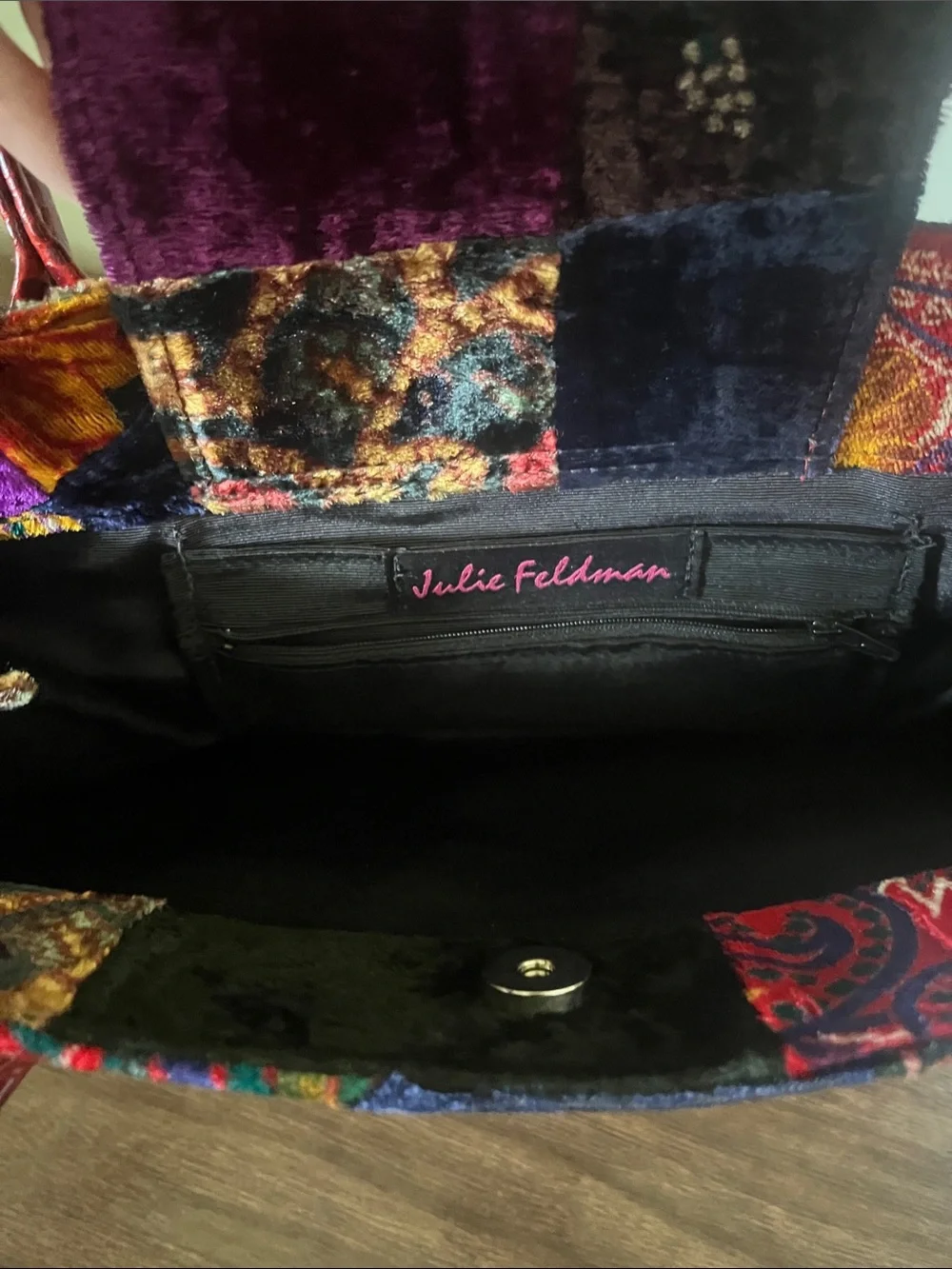 Julie Feldman Patchwork Velvet Tote with Crocodile Red Handles